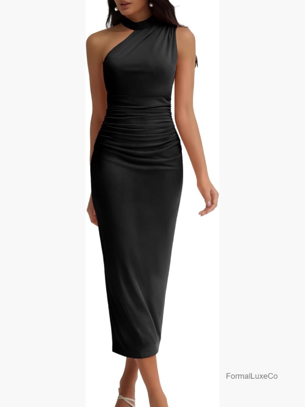 One Shoulder Mesh Bodycon Maxi Dress - Wedding Guest, Formal, Cocktail